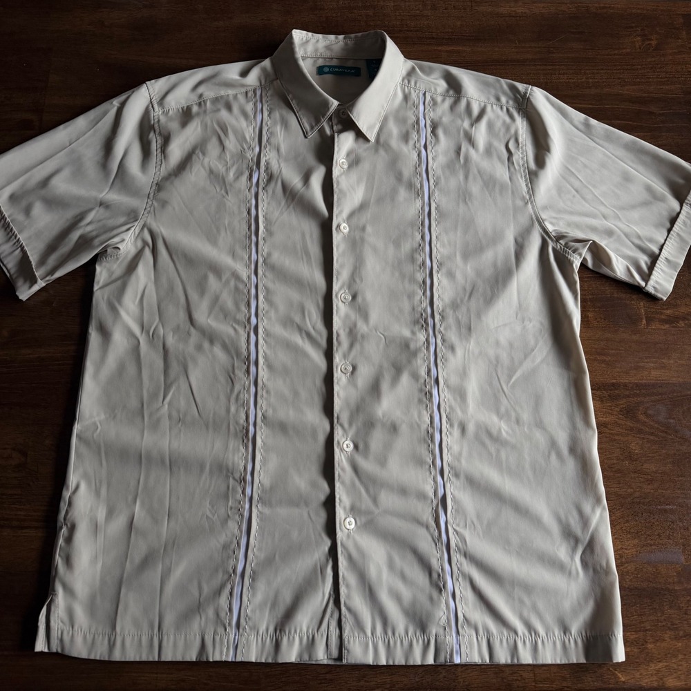 Cubavera Mens Large Tan Guayabera Short Sleeve Button Down Shirt Pleated Beige